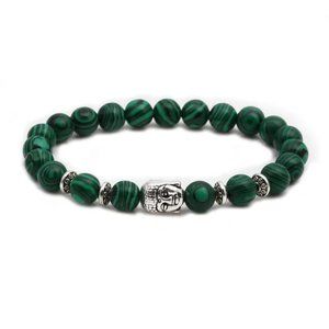Silver Buddha Head & Green Malachite Natural Stone Beaded Bracelet NEW